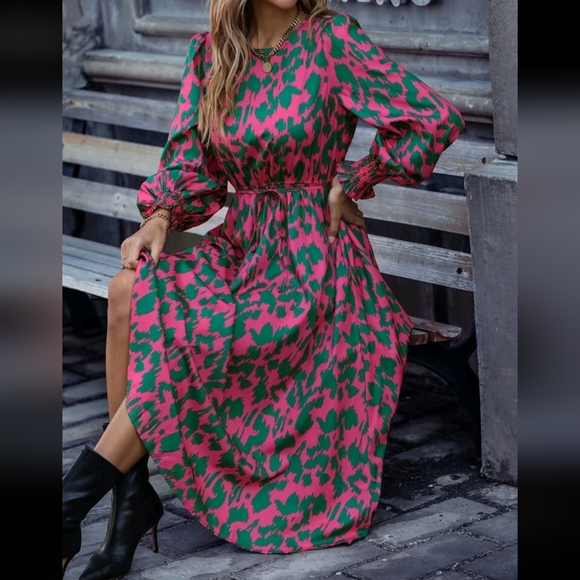 Boho Print Flounce Sleeve Smocked  Ling Sleeve Cuff Belted Dress - Picture 6 of 6